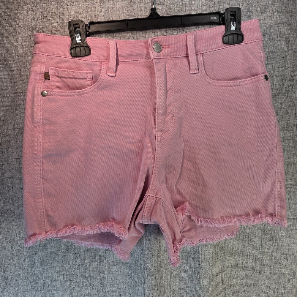Judy Blue Mid Rise Pink Denim Cut Off Shorts Women's Large Frayed Hem Stretch